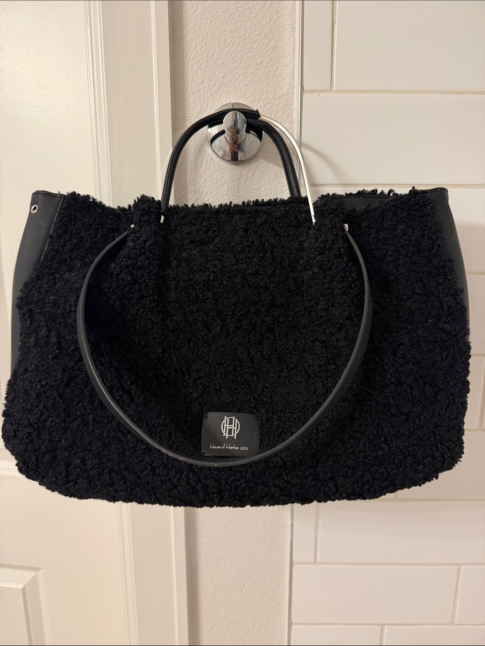 House of Harlow 1960 Black Sherpa Tote with Double Straps